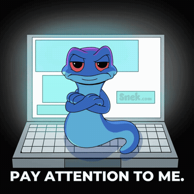 A Cartoon Of A Lizard Sitting In Front Of A Laptop With The Words Pay Attention To Me GIF