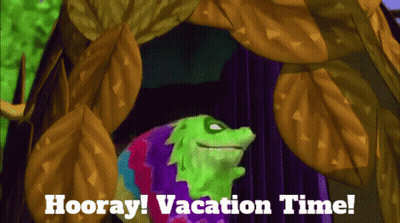 A Cartoon Of A Lizard With The Words Hooray Vacation Time Below It GIF