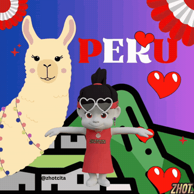 A Cartoon Of A Llama And A Girl With The Word Peru Written On It GIF