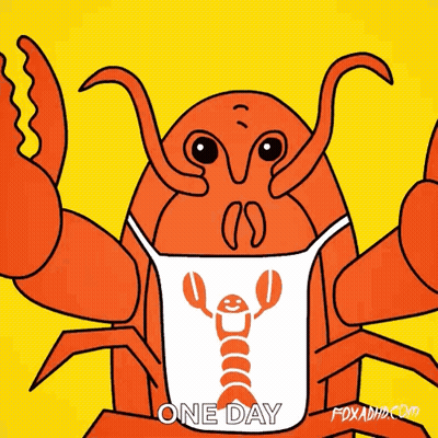 A Cartoon Of A Lobster Wearing A Face Mask With The Words One Day Below It GIF