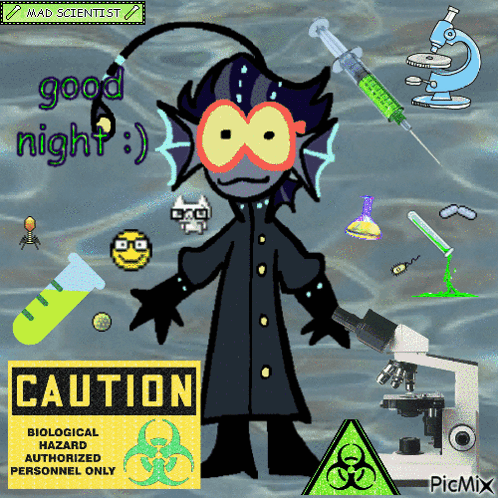 A Cartoon Of A Mad Scientist With A Biological Hazard Sign GIF