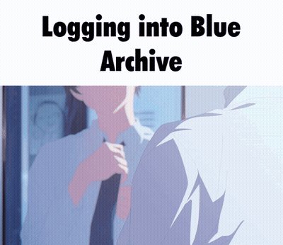 A Cartoon Of A Man Adjusting His Tie With The Words Logging Into Blue Archive Below Him GIF