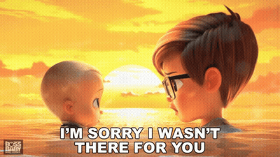 A Cartoon Of A Man And A Baby With The Words I 'M Sorry I Wasn 'T There For You Below Them GIF