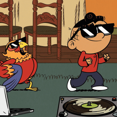 A Cartoon Of A Man And A Bird Dancing GIF
