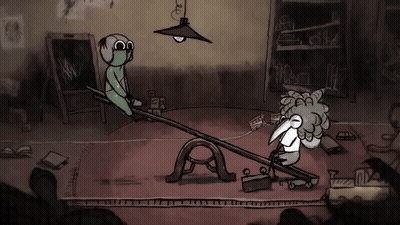 A Cartoon Of A Man And A Bird On A Seesaw With The Letter A On It GIF