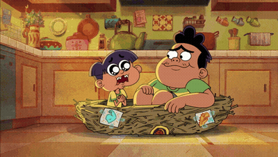 A Cartoon Of A Man And A Boy Sitting In A Bird Nest GIF