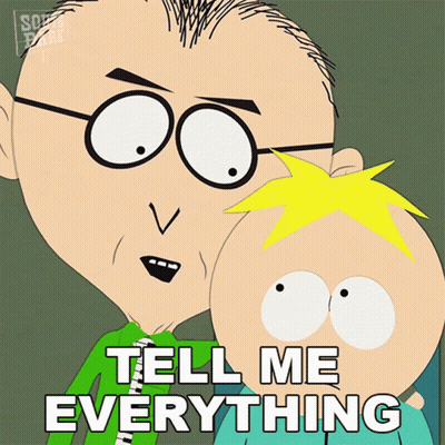 A Cartoon Of A Man And A Boy With The Words Tell Me Everything GIF