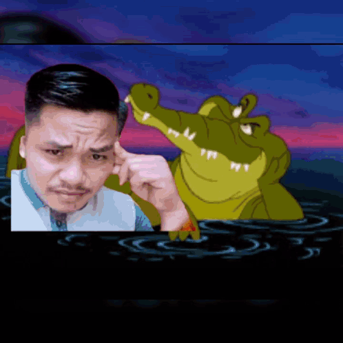 A Cartoon Of A Man And A Crocodile With A Sunset In The Background GIF