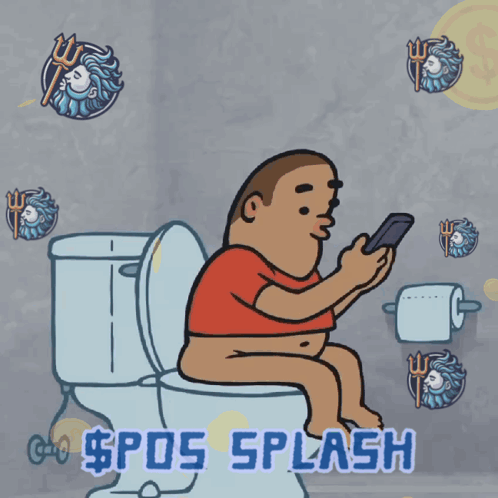 A Cartoon Of A Man And A Fish On A Toilet With The Words $ Pos Splash Above Them GIF