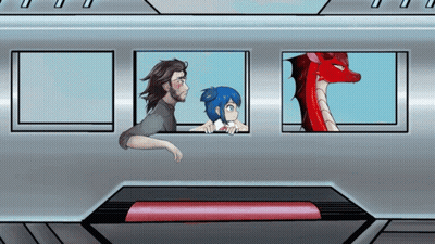 A Cartoon Of A Man And A Girl Looking Out A Window With A Red Dragon Behind Them GIF