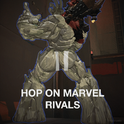 A Cartoon Of A Man And A Monster With The Words Hop On Marvel Rivals Below Them GIF