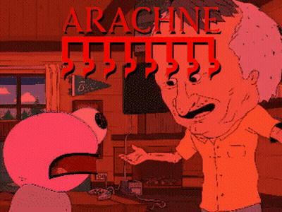 A Cartoon Of A Man And A Pink Monster With Arachne Written On The Bottom GIF