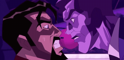 A Cartoon Of A Man And A Purple Monster Fighting GIF