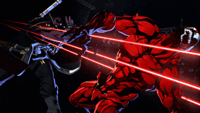 A Cartoon Of A Man And A Red Monster Fighting With Red Lasers GIF