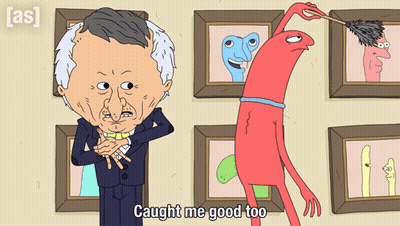 A Cartoon Of A Man And A Red Monster With The Words Caught Me Good Too On The Bottom GIF