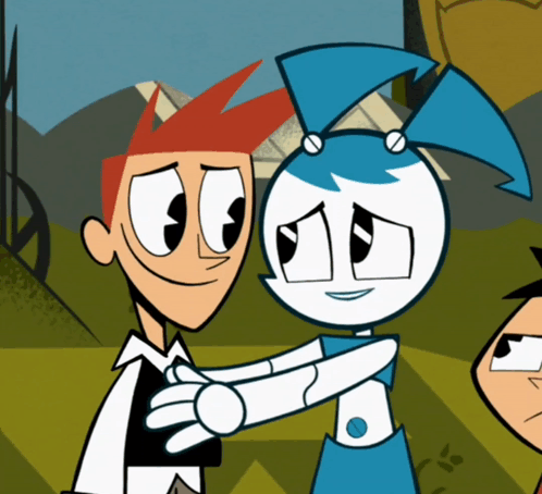 A Cartoon Of A Man And A Robot Hugging GIF