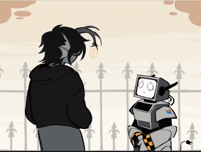 A Cartoon Of A Man And A Robot Talking GIF