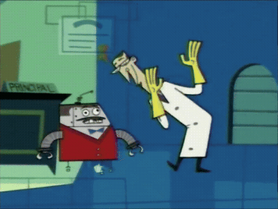 A Cartoon Of A Man And A Robot With A Sign That Says Principal On It GIF