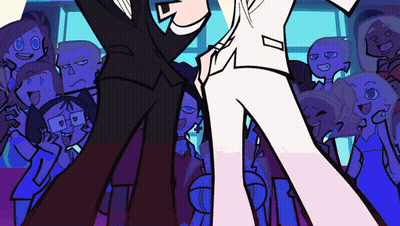 A Cartoon Of A Man And A Woman Dancing In Front Of A Crowd Of People GIF