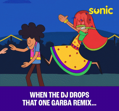 A Cartoon Of A Man And A Woman Dancing With The Words " When The Dj Drops That One Garba Remix " Below Them GIF