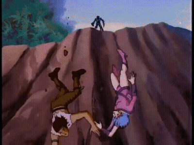 A Cartoon Of A Man And A Woman Falling Off A Mountain GIF