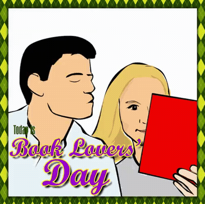 A Cartoon Of A Man And A Woman Holding A Red Book Titled Today 'S Book Lovers Day GIF