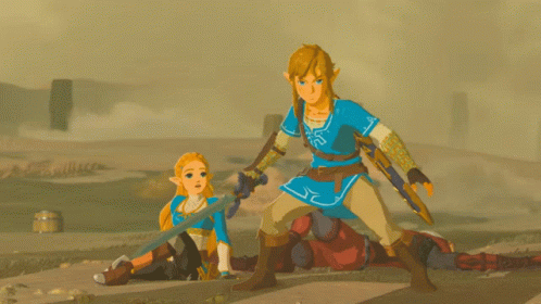 A Cartoon Of A Man And A Woman Holding Swords Standing Next To Each Other GIF