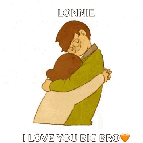 A Cartoon Of A Man And A Woman Hugging Each Other With The Words `` I Love You Big Bro '' . GIF