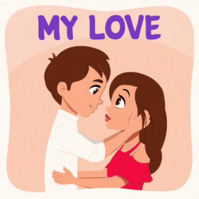 A Cartoon Of A Man And A Woman Hugging With The Words " My Love " Behind Them GIF
