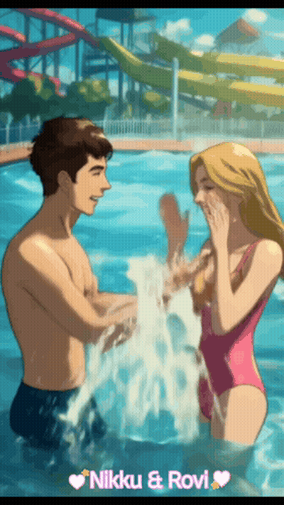 A Cartoon Of A Man And A Woman In A Swimming Pool With The Name Nikki And Rovi GIF