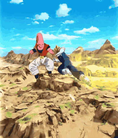 A Cartoon Of A Man And A Woman Jumping In The Air With Mountains In The Background GIF
