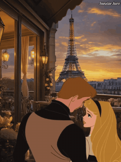 A Cartoon Of A Man And A Woman Kissing In Front Of An Eiffel Tower GIF