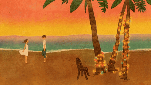 A Cartoon Of A Man And A Woman Kissing On A Beach GIF