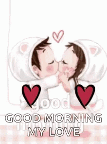 A Cartoon Of A Man And A Woman Kissing With The Words `` Good Morning My Love '' Written Below Them . GIF
