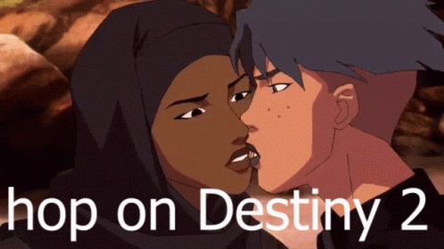 A Cartoon Of A Man And A Woman Kissing With The Words Hop On Destiny 2 Below Them GIF