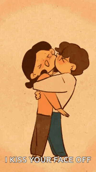 A Cartoon Of A Man And A Woman Kissing With The Words `` I Kiss Your Face Off '' . GIF