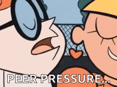 A Cartoon Of A Man And A Woman Kissing With The Words `` Peer Pressure '' Written On The Bottom . GIF