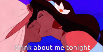 A Cartoon Of A Man And A Woman Kissing With The Words Think About Me Tonight Below Them GIF