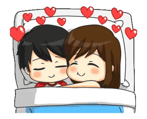 A Cartoon Of A Man And A Woman Laying In Bed With Hearts Around Them GIF