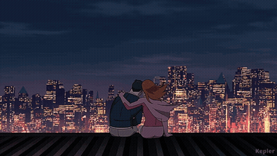 A Cartoon Of A Man And A Woman Looking At A City Skyline With The Word Kepler At The Bottom GIF