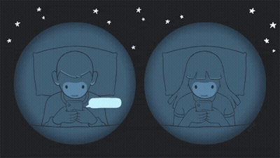 A Cartoon Of A Man And A Woman Looking At Their Cell Phones GIF
