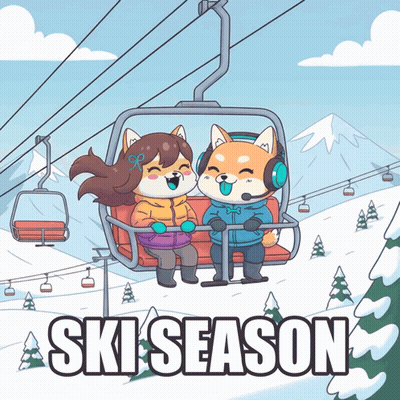 A Cartoon Of A Man And A Woman On A Ski Lift With Ski Season Written Below Them GIF
