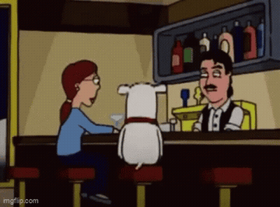 A Cartoon Of A Man And A Woman Sitting At A Bar With A Dog Sitting On A Bar Stool . GIF