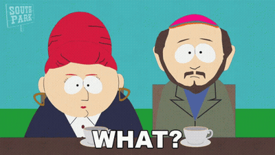 A Cartoon Of A Man And A Woman Sitting At A Table With The Words " What " Written Below Them GIF