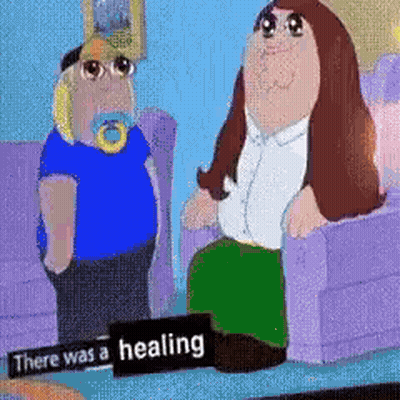A Cartoon Of A Man And A Woman Sitting Next To Each Other With A Sign That Says There Was A Healing . GIF