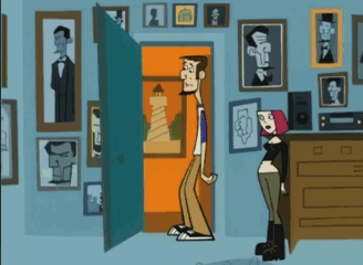 A Cartoon Of A Man And A Woman Standing In Front Of A Door With Pictures On The Wall GIF