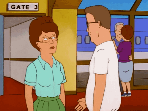 A Cartoon Of A Man And A Woman Standing In Front Of A Sign That Says Gate 3 GIF