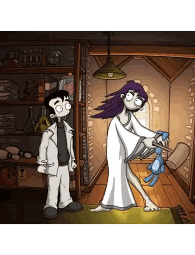 A Cartoon Of A Man And A Woman Standing Next To Each Other In A Room Sticker