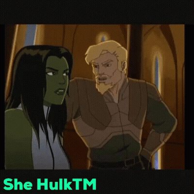 a cartoon of a man and a woman standing next to each other with the caption she hulktm