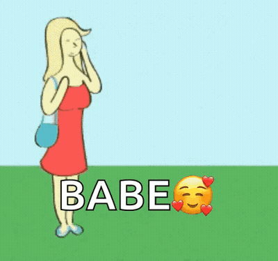 A Cartoon Of A Man And A Woman Standing Next To Each Other With The Word Babe On The Bottom GIF